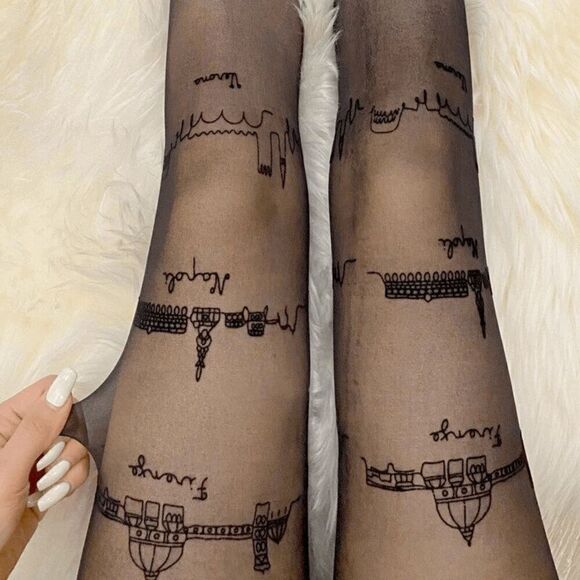 🏙️ Travel Cities Tattoo Printed Tights Black Sheer Nylon Pantyhose Hosiery NEW - Picture 10 of 16